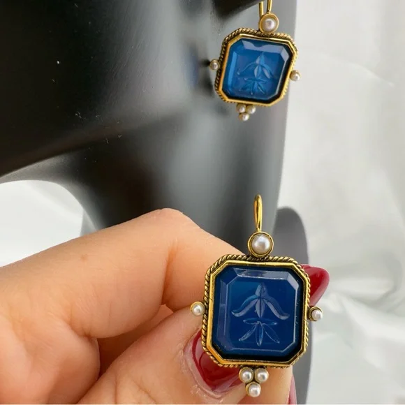 Vintage Blue and Gold Hexagon Earrings - Picture 1 of 7